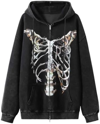 Men Women Y2K Skeleton Zip Up Hoodie Emo Gothic Oversized Grunge